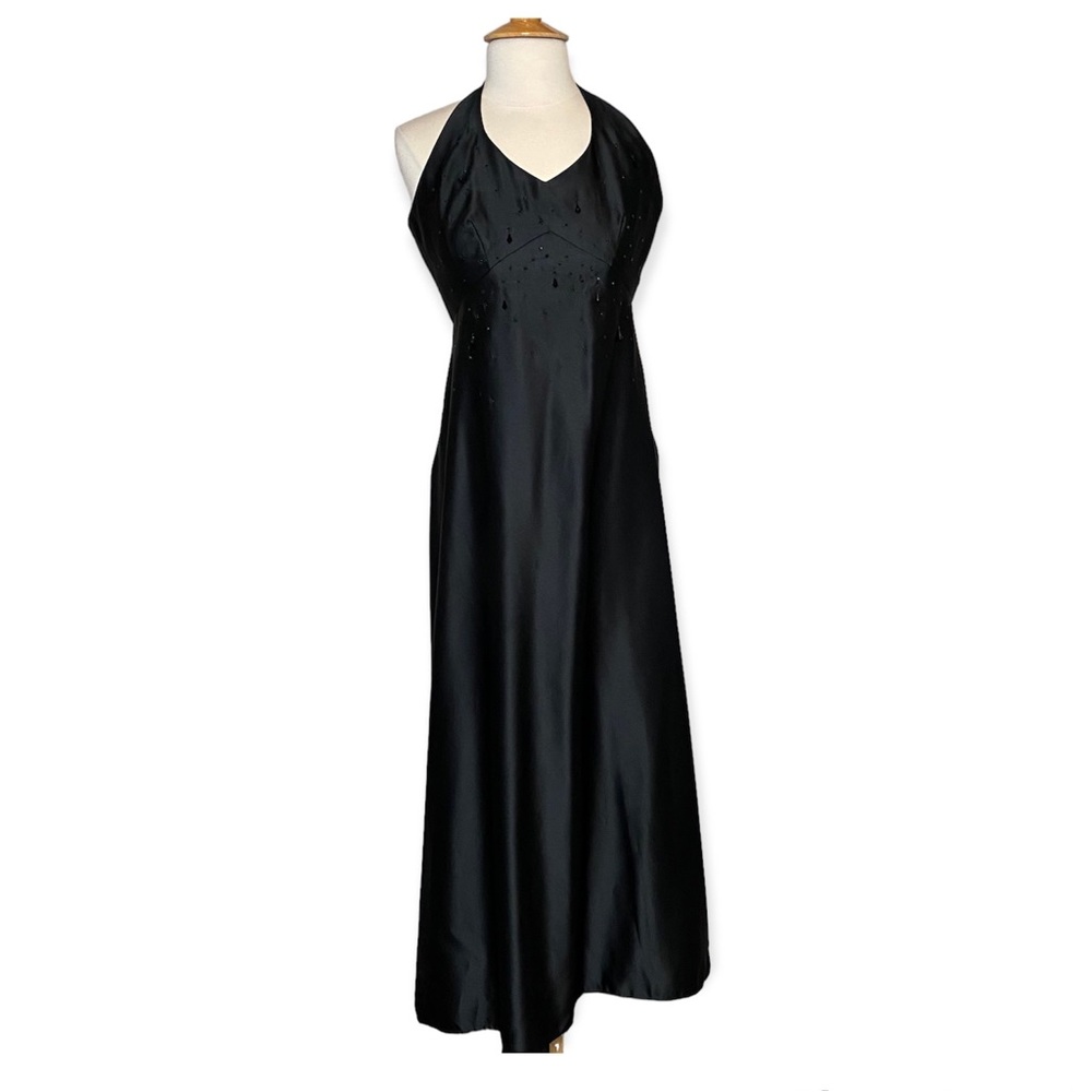 Y2K Anne Stanley Black Beaded Halter Evening Gown 10 Formal Long Maxi Dress Prom
